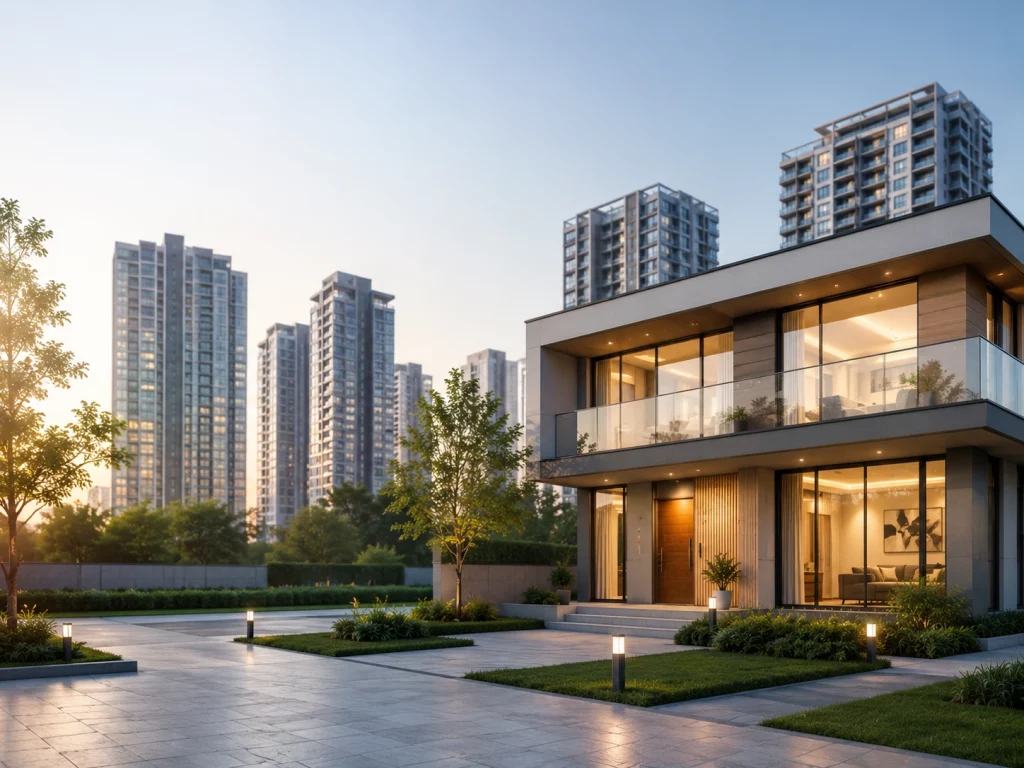 Modern luxury real estate home with contemporary architecture and urban skyline background