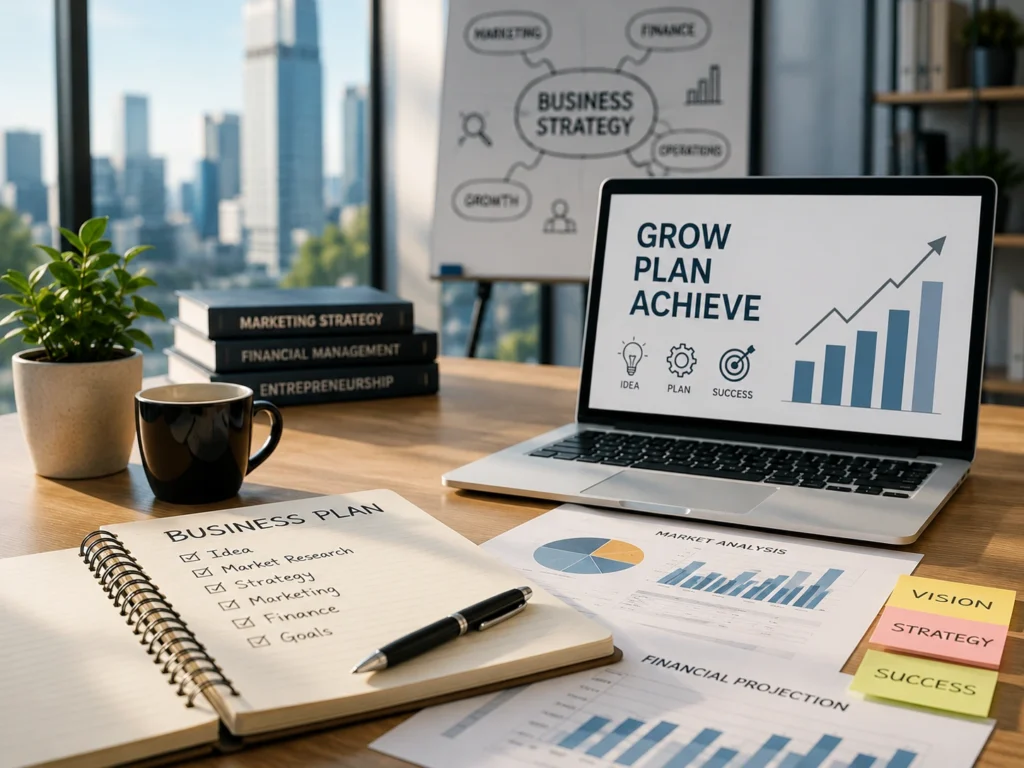 Modern business planning workspace with strategy charts, laptop, financial reports, and startup planning materials