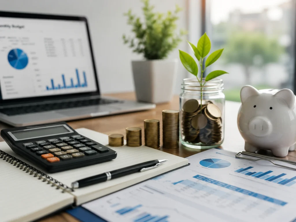 Modern financial planning workspace with calculator, savings jar, investment charts, and piggy bank