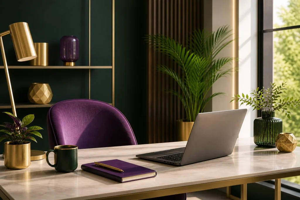 Professional business workspace with laptop, notebook, coffee, and modern office interior representing entrepreneurship, leadership, and strategic business growth.