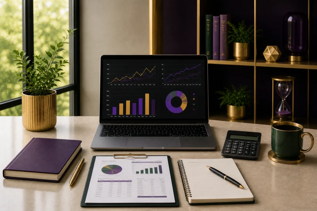Modern financial planning workspace with laptop analytics dashboard, calculator, charts, and investment documents representing wealth management and business finance strategy.