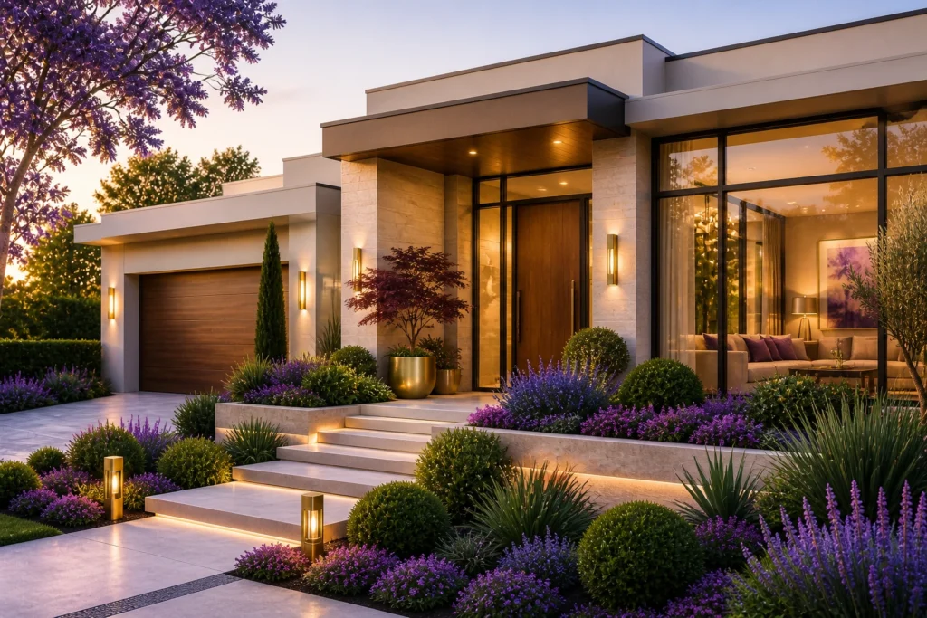 Luxury modern house exterior with premium landscape lighting, contemporary architecture, and elegant garden representing high-end real estate investment and property growth.