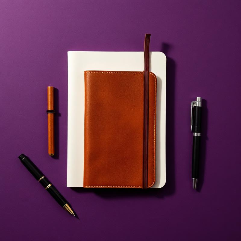 Business planning notebook with pens on a modern purple workspace background for productivity and organization