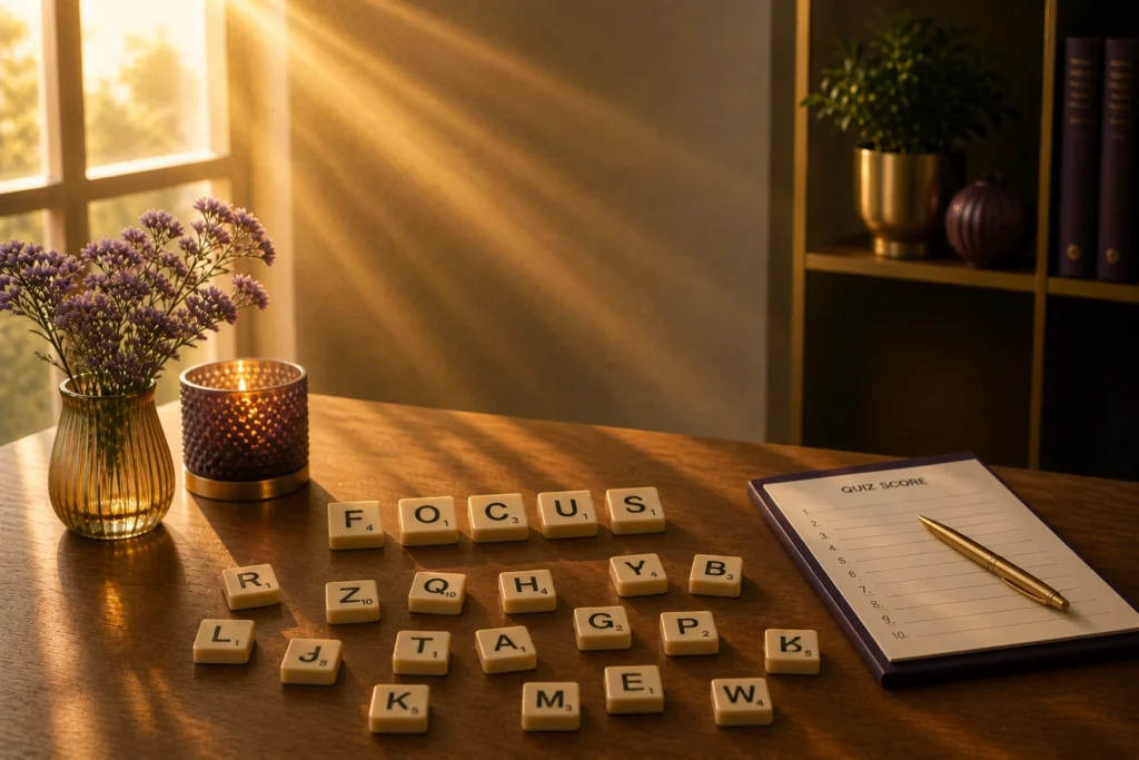 Quiz score sheet and letter tiles on a wooden desk with warm sunlight, representing focus, learning, and interactive mental challenges.