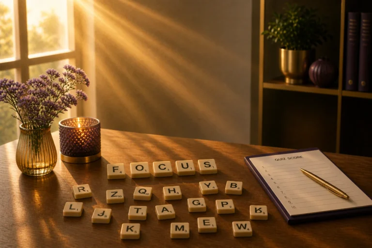 Quiz score sheet and letter tiles on a wooden desk with warm sunlight, representing focus, learning, and interactive mental challenges.