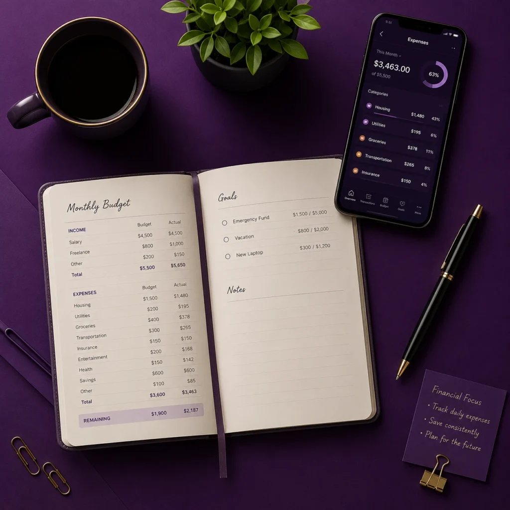 Premium budgeting workspace with expense tracking smartphone, budgeting notebook, coffee cup, financial notes, and desk accessories on a rich purple background.