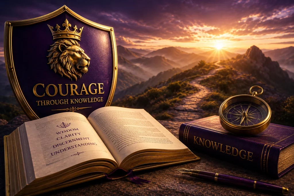 Premium wisdom-themed image featuring a golden compass, knowledge book, mountain path, and royal shield symbolizing courage, wisdom, clarity, and purposeful decision-making.