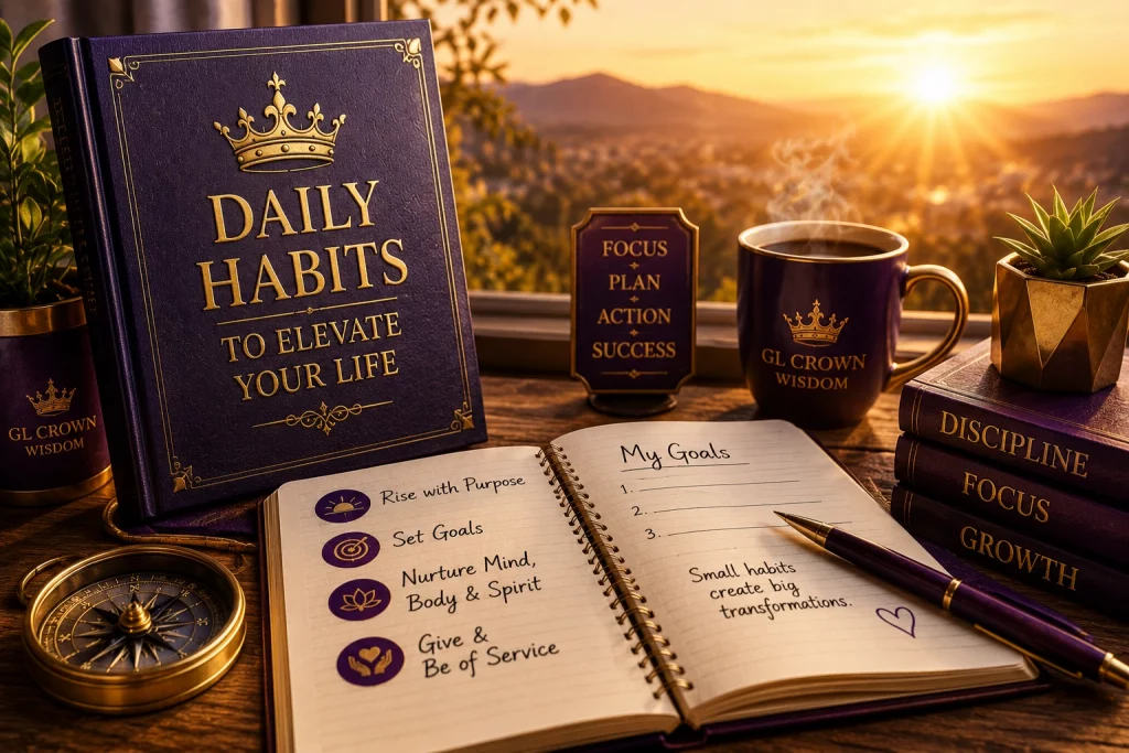 Premium lifestyle image featuring a goal planner, books, coffee, and sunrise representing daily habits, productivity, personal growth, discipline, and success.