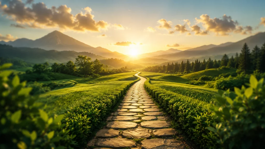 Clear pathway through a green landscape symbolizing focus, clarity, discipline, and purposeful progress.