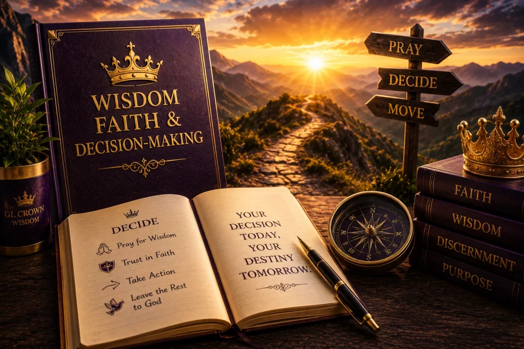 Premium wisdom-themed image featuring a mountain path, compass, books, and sunrise representing faith, wisdom, discernment, courage, and purposeful decision-making.