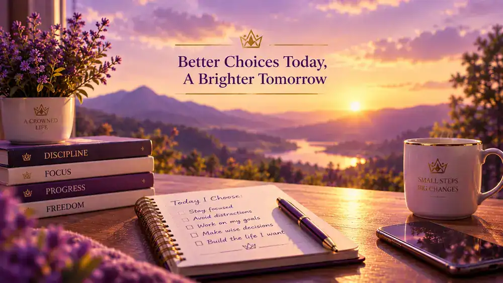 Purple and gold motivational scene with a notebook, smartphone, books, and crown-themed decor focused on discipline, focus, and better choices.