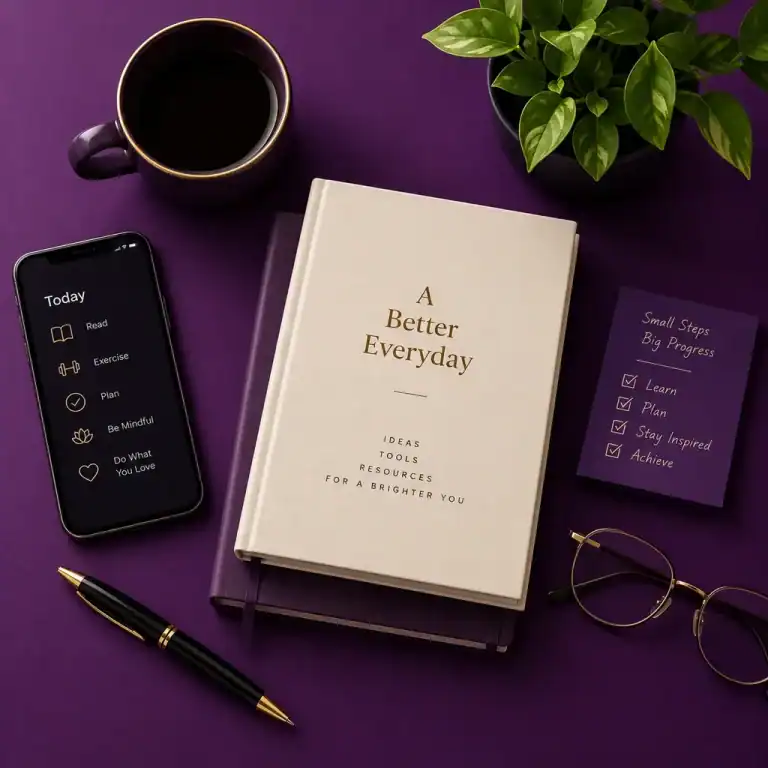 Everyday life resources with a journal, coffee, smartphone, and planner